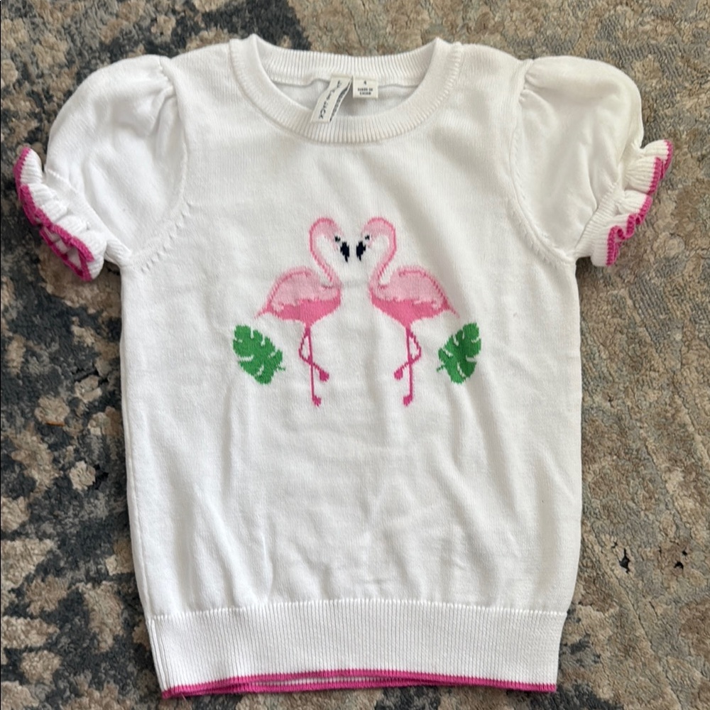 Janie and Jack Flamingo Print White and Pink Top